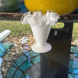 Classic White Ruffled Glass Vase with Clear Trim